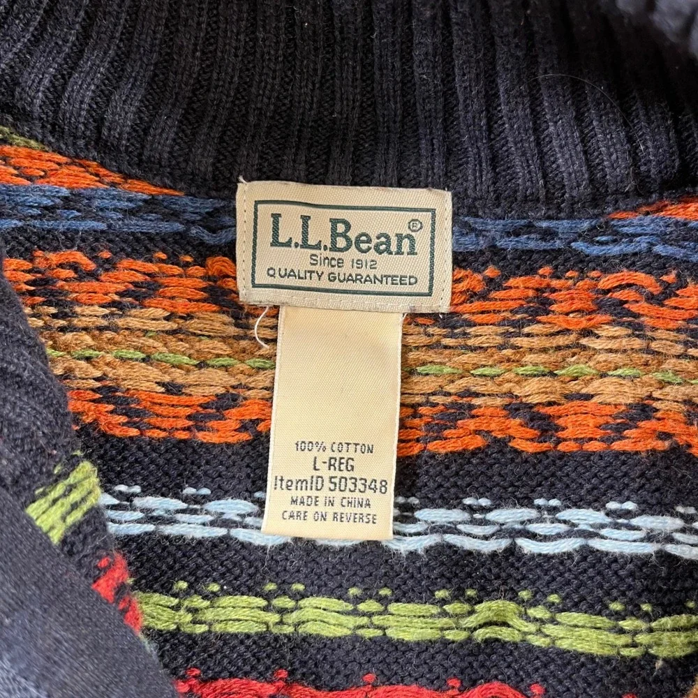 LL Bean Mens Size Large Fair‎ Isle 1/4 Zip Pullover Cotton Sweater Navy Multi